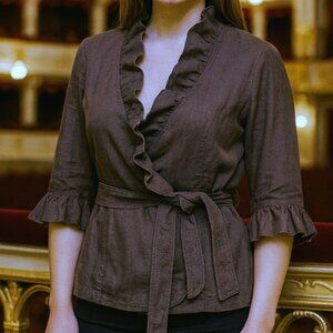 Natural Linen Blend Cropped Kimono Ruffled Jacket Blazer and Belt Size L Wrap